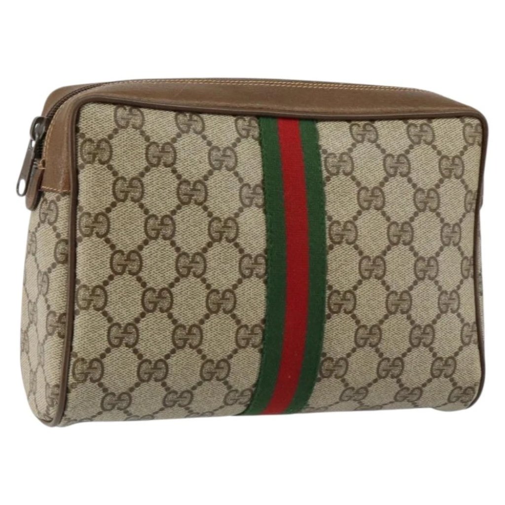 Gucci Gg Canvas Web Sherry Line Clutch Bag Pvc Leather Beige Green